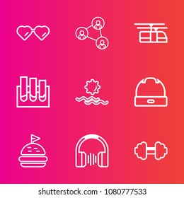 Premium set with outline vector icons. Such as sandwich, glasses, sky, nature, technology, landscape, sport, fashion, screen, style, fitness, analysis, stereo, rail, communication, sunrise, display