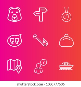 Premium set with outline vector icons. Such as wild, animal, object, mammal, rod, fishing, bear, grizzly, clock, location, yacht, leather, predator, speech, bag, sign, hour, water, time, fashion, map