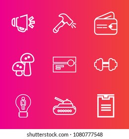 Premium set with outline vector icons. Such as sound, volume, voice, food, box, sport, music, hammer, army, delivery, gun, fitness, money, equipment, speaker, business, tank, shipping, exercise, idea