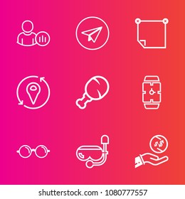 Premium set with outline vector icons. Such as location, summer, finance, web, stick, paper, investment, smartphone, meal, blank, communication, email, status, business, time, people, eye, send, hand
