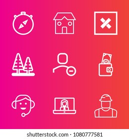 Premium set with outline vector icons. Such as engineer, business, internet, wallet, web, builder, south, delete, industry, communication, architecture, compass, forest, tree, building, person, travel