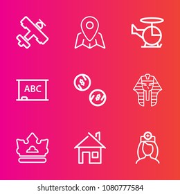 Premium set with outline vector icons. Such as royal, sign, location, rescue, care, chalkboard, map, transportation, home, estate, medical, black, currency, aviation, web, building, navigation, nurse