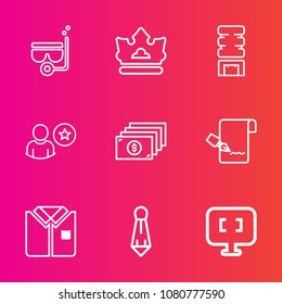 Premium set with outline vector icons. Such as cooler, equipment, sport, online, luxury, laptop, snorkel, princess, beach, summer, computer, tshirt, list, sign, underwater, snorkeling, paper, currency