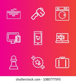 Premium set with outline vector icons. Such as web, internet, mobile, business, credit, pc, screwdriver, airport, washer, decorative, hammer, baggage, call, phone, saw, shopping, payment, technology