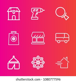 Premium set with outline vector icons. Such as rudder, electric, look, helm, gift, machine, shop, property, transport, wheel, estate, speed, find, retail, repair, magnifying, tent, transportation, bus