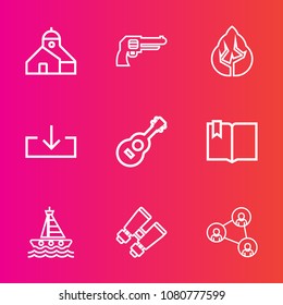 Premium set with outline vector icons. Such as yacht, open, water, military, equipment, building, book, handgun, army, technology, guitar, gun, communication, environment, weapon, architecture, watch