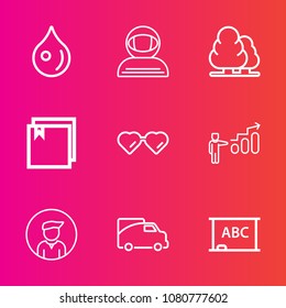 Premium set with outline vector icons. Such as sun, liquid, environment, black, transport, man, van, transportation, science, blackboard, sunglasses, traffic, blue, boy, success, forest, drop, board