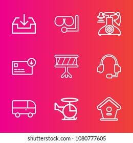 Premium set with outline vector icons. Such as music, phone, sound, telephone, headset, water, road, arrow, snorkel, equipment, bird, technology, website, instrument, aircraft, sea, bag, house, bus