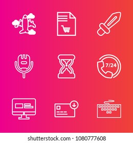 Premium set with outline vector icons. Such as knight, aircraft, money, voice, microphone, help, medieval, transportation, business, travel, music, call, notebook, laptop, bag, karaoke, sand, shopping