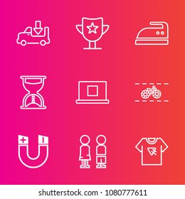 Premium set with outline vector icons. Such as iron, wheel, cycle, internet, trophy, reward, field, happy, shipping, achievement, sand, standing, lorry, housework, freight, award, trailer, bicycle