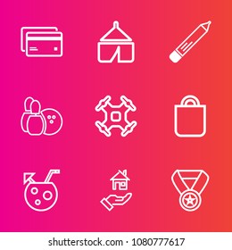 Premium set with outline vector icons. Such as prize, present, house, drone, estate, bank, camp, money, plastic, win, banking, gift, pencil, pen, card, buy, helicopter, property, ball, game, credit