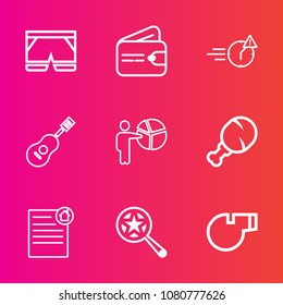 Premium set with outline vector icons. Such as object, businessman, musical, wear, pay, search, night, late, man, payment, fast, concert, house, find, sound, finance, food, wallet, clothing, business