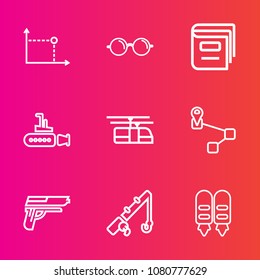 Premium set with outline vector icons. Such as navigation, firearm, book, marine, reel, pistol, weapon, rod, sky, vision, , geometry, point, undersea, fish, gun, blue, library, view, train, element