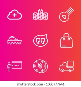 Premium set with outline vector icons. Such as vehicle, goods, string, chat, retail, message, folk, storage, sale, add, transportation, industrial, instrument, luck, gambling, game, lorry, internet