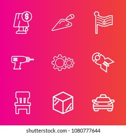 Premium set with outline vector icons. Such as modern, packaging, bomb, war, chair, america, country, illumination, electric, transportation, work, template, usa, product, action, construction, tool
