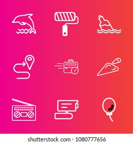 Premium set with outline vector icons. Such as drink, roller, equipment, computer, tool, painter, air, sound, navigation, audio, late, radio, water, wildlife, clean, jump, view, shovel, business, roll