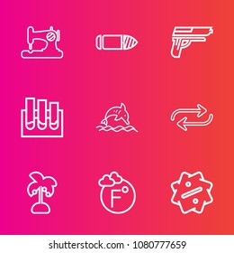 Premium set with outline vector icons. Such as research, machine, wildlife, scale, temperature, vintage, horizontal, medical, craft, thermometer, replace, analysis, animal, handgun, tropical, fashion