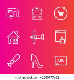 Premium set with outline vector icons. Such as plane, war, traffic, van, retail, style, leather, white, road, chalkboard, high, building, web, accessory, house, website, home, fashion, nuclear, travel