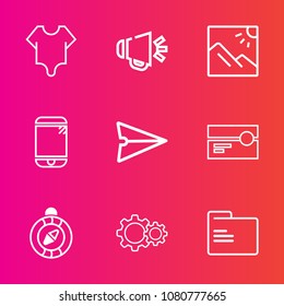 Premium set with outline vector icons. Such as voice, music, compass, technology, audio, cute, file, north, speaker, action, blank, email, folder, communication, landscape, message, beauty, sound, web