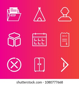Premium set with outline vector icons. Such as male, tent, interior, empty, office, paper, tourism, bill, travel, summer, cube, sign, square, day, no, schedule, nature, button, camp, furniture, folder