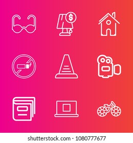 Premium set with outline vector icons. Such as electricity, vision, library, illumination, sign, profile, web, estate, no, concept, bicycle, transportation, step, architecture, lamp, interior, fashion