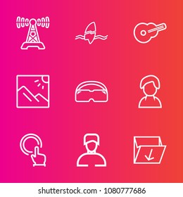 Premium set with outline vector icons. Such as landscape, human, surfboard, broadcast, finger, waste, man, music, hand, wave, female, surf, person, internet, communication, musical, trash, box, sea