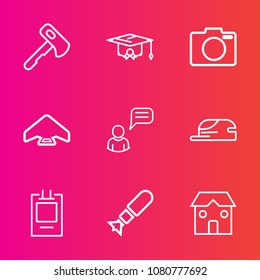 Premium set with outline vector icons. Such as tool, bomb, label, academic, parachute, education, construction, business, person, chat, college, celebration, building, war, parachuting, school, repair