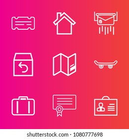 Premium set with outline vector icons. Such as mail, paper, cell, smartphone, travel, profile, show, technology, post, skateboard, success, template, message, letter, map, return, phone, entertainment