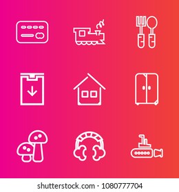 Premium set with outline vector icons. Such as kitchen, music, interior, food, technology, mushroom, card, undersea, train, railway, cupboard, balance, transportation, money, estate, white, home, boat