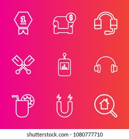 Premium Set With Outline Vector Icons. Such As Water, Control, Boat, Place, Summer, Winner, Music, Victory, Sofa, Audio, Interior, Juice, Ribbon, Search, Technology, Stereo, Television, Drink, Support