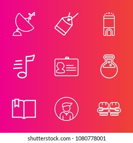 Premium set with outline vector icons. Such as antenna, click, fight, book, label, tag, radio, name, wireless, medicine, dish, identity, music, sport, equipment, paper, musical, luxury, signal, melody