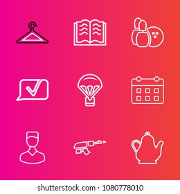 Premium set with outline vector icons. Such as avatar, pin, parachute, schedule, shop, weapon, wardrobe, page, store, profile, hanger, extreme, rack, paper, machine, open, book, education, parachuting