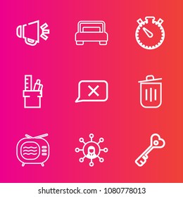 Premium set with outline vector icons. Such as closed, time, technology, music, stationery, communication, key, watch, home, interior, chat, sign, business, bedroom, security, office, minute, screen