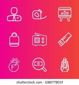 Premium set with outline vector icons. Such as leather, roll, scale, duct, electrical, hammer, construction, vintage, search, web, fahrenheit, radio, fashion, lantern, kerosene, work, infographic, saw