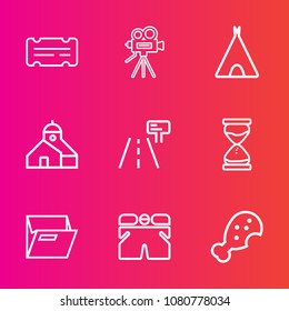 Premium set with outline vector icons. Such as office, retro, video, equipment, fast, movie, snack, tripod, sign, road, building, traffic, shorts, lens, ticket, street, time, file, food, clock, wear