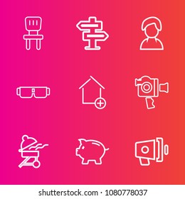 Premium set with outline vector icons. Such as megaphone, seat, bank, hanger, cooking, sign, loudspeaker, apartment, money, sun, internet, loud, camera, room, investment, grill, chair, glasses, bbq