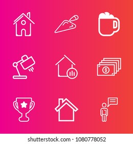 Premium set with outline vector icons. Such as achievement, caffeine, mobile, beverage, mug, building, real, award, lamp, communication, table, currency, property, white, person, espresso, business