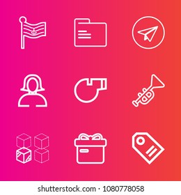Premium set with outline vector icons. Such as open, jazz, girl, flag, banner, bugle, gift, whistle, lady, house, usa, web, box, internet, replacement, package, ribbon, label, trumpet, cardboard, red