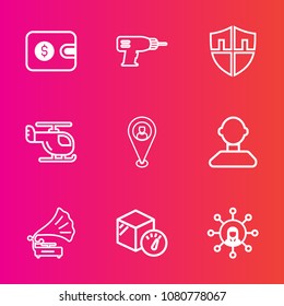 Premium set with outline vector icons. Such as construction, sky, air, male, tool, protection, technology, vintage, travel, protect, purse, package, money, equipment, pin, business, payment, music