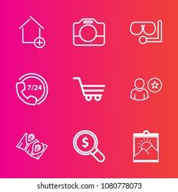 Premium set with outline vector icons. Such as find, diving, real, new, map, business, building, camera, movie, apartment, profile, picture, film, call, property, operator, internet, trolley, search