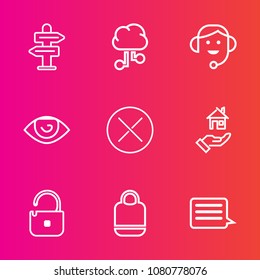 Premium set with outline vector icons. Such as cloud, communication, security, business, protection, ear, bag, office, headset, sign, message, close, center, leather, object, concept, hand, connection