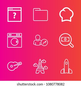 Premium set with outline vector icons. Such as clean, unknown, information, text, uniform, business, tower, empty, food, space, internet, shuttle, science, page, white, man, concept, folder, rocket