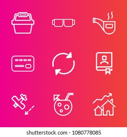 Premium set with outline vector icons. Such as real, summer, vintage, pipe, white, classic, card, address, vision, store, basket, bank, book, flight, aircraft, object, balance, style, food, property