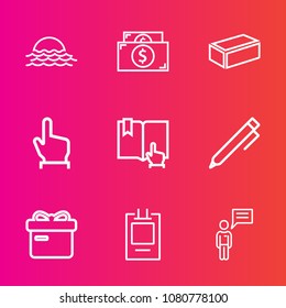Premium set with outline vector icons. Such as block, write, communication, touch, nature, brick, holiday, finger, bank, currency, pencil, money, present, box, ribbon, label, hand, gift, outdoor, book