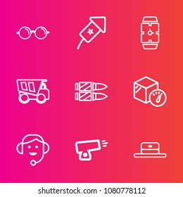 Premium set with outline vector icons. Such as box, time, tipper, horizontal, view, light, eye, celebrate, lens, gun, bullet, dump, fashion, sight, weapon, festival, eyeglasses, vision, frame, war