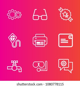 Premium set with outline vector icons. Such as optical, mask, diving, dollar, element, fly, printer, label, sea, decorative, equipment, business, eyeglasses, joy, banner, graphic, bathroom, action