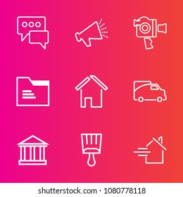 Premium set with outline vector icons. Such as speech, handle, voice, tourism, sky, volume, talk, loudspeaker, rent, music, estate, file, white, chat, paint, transport, video, home, office, building