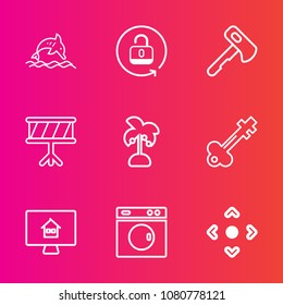 Premium set with outline vector icons. Such as leaf, door, axe, nature, screwdriver, house, washer, wild, blue, summer, online, safety, vintage, open, drum, water, property, real, security, instrument