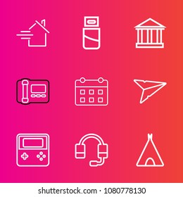 Premium set with outline vector icons. Such as schedule, real, usb, web, device, greece, phone, greek, send, email, button, time, headset, europe, property, sky, tent, microphone, office, day, message