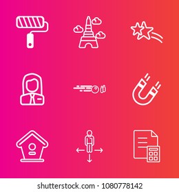 Premium set with outline vector icons. Such as roller, holiday, finance, home, money, birdhouse, paintbrush, falling, magnetic, eiffel, tower, sign, ball, sport, strike, business, paris, architecture